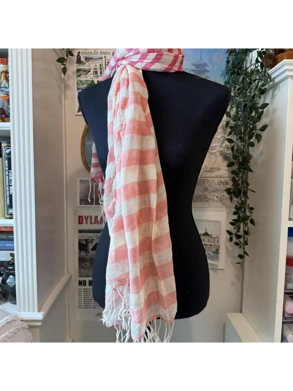 Society for Scarves Pink White Silver Striped Fringe Scarf